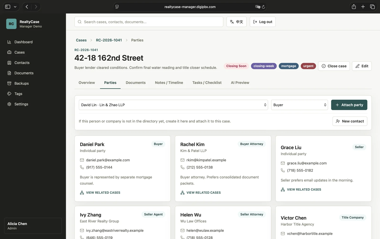 RealtyCase Manager case detail workspace screenshot