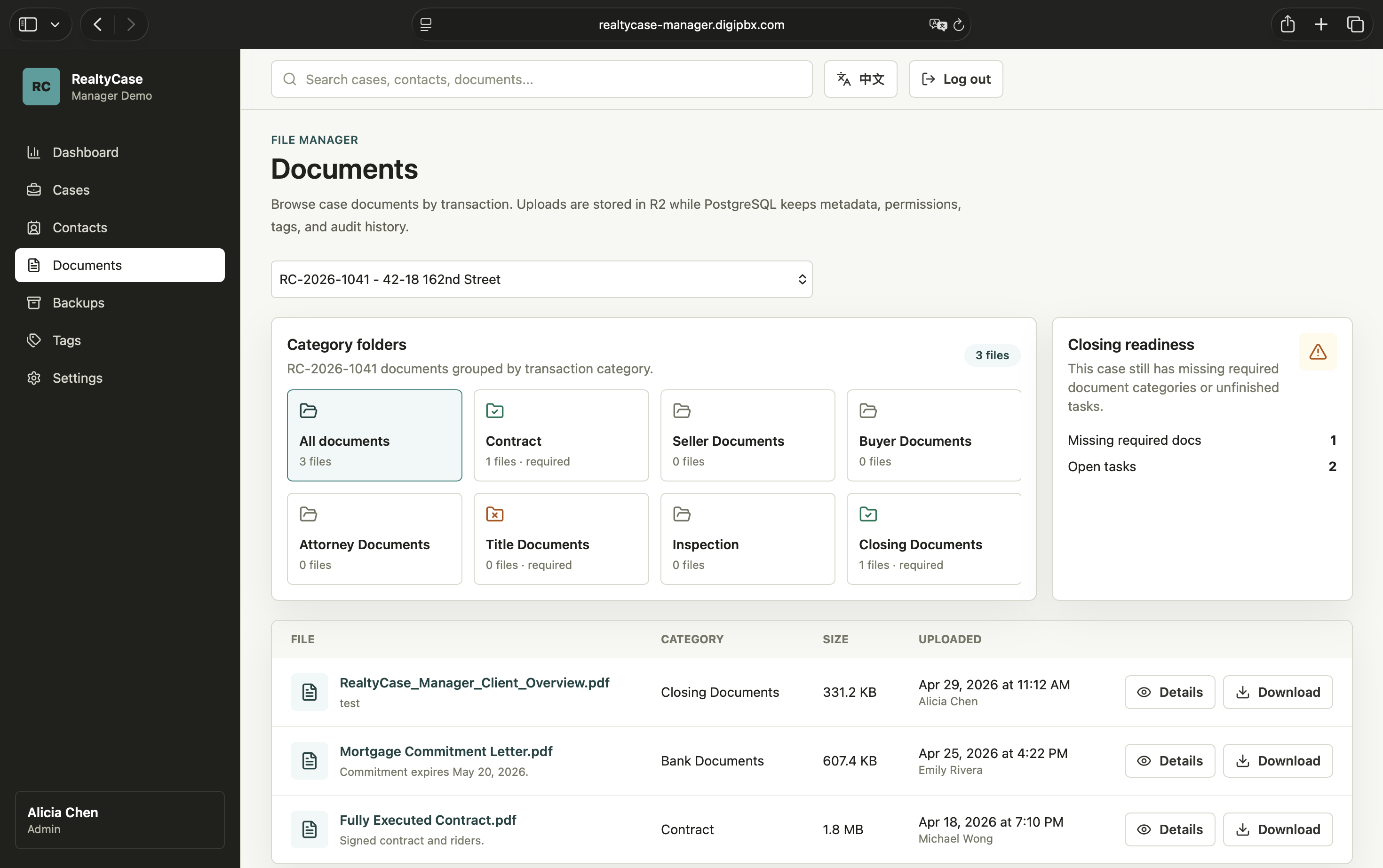 RealtyCase Manager document workflow screenshot