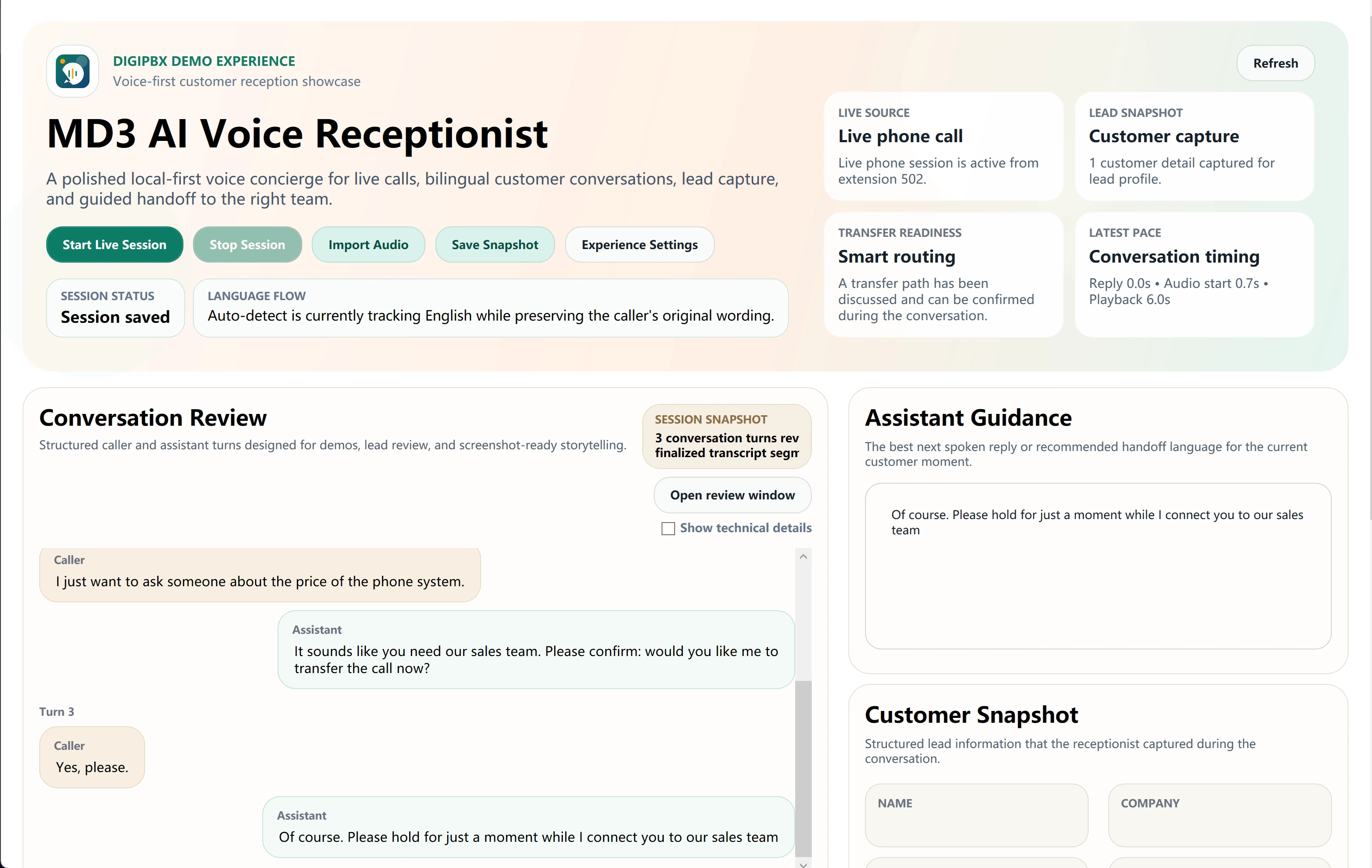 AI Voice Agent local-first live-call reception demo screenshot