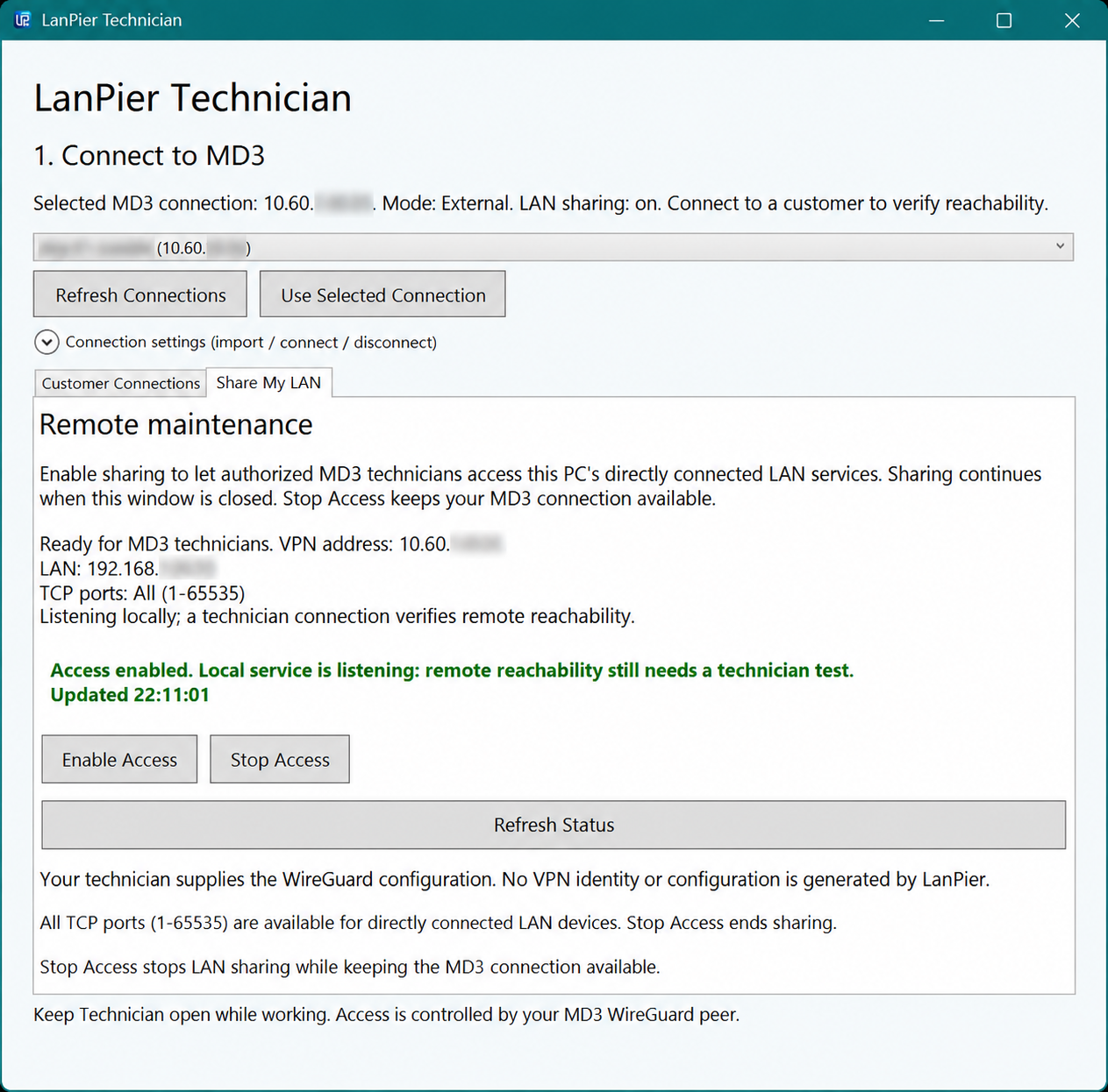 LanPier Technician Windows Share My LAN view with redacted WireGuard connection and LAN details